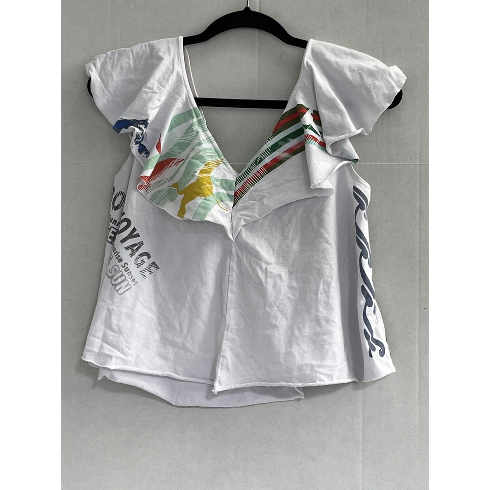 Anthropologie Akemi + Kin White Bon Voyage Cotton Flounce V-Neckline Blouse Sz S